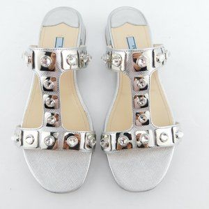 PRADA Crystal Embellished Silver Saffiano T-Strap Block Heel Slide Sandals 37.5